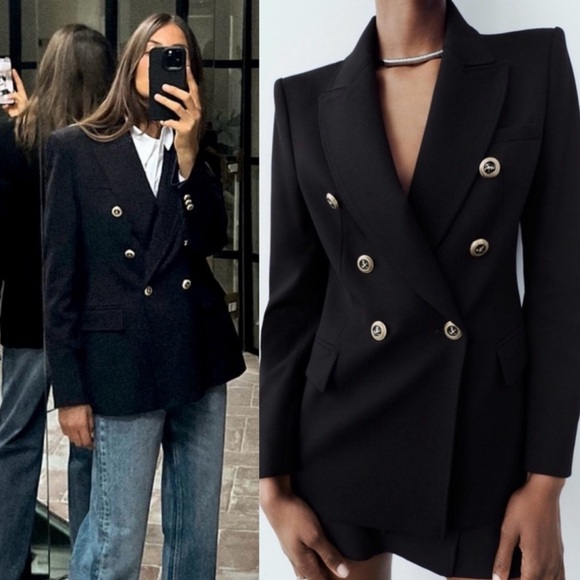 🔥NWT ZARA🔥Tailored Double Breasted Black Blazer - Picture 8 of 12